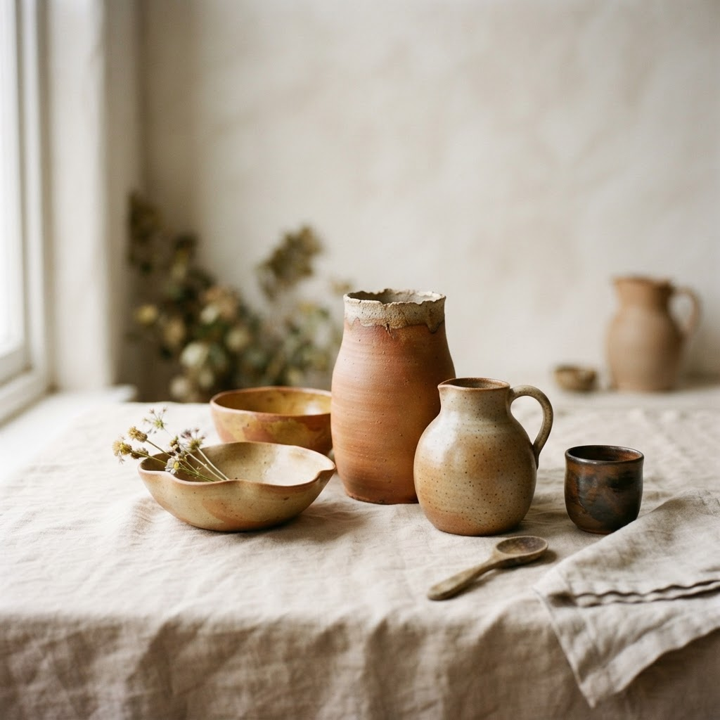A warm still life of handcrafted ceramic pottery pieces
