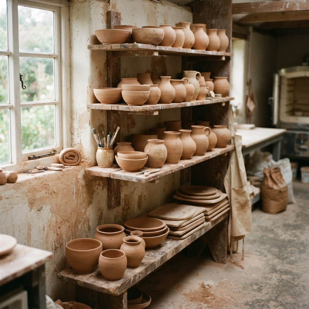 A calm pottery studio corner with ceramic vessels on a wooden shelf